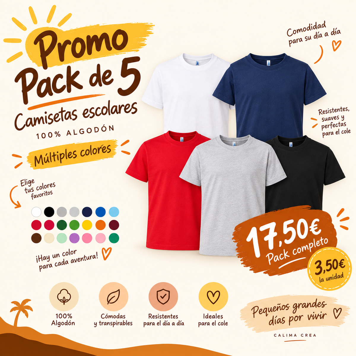 Promo Pack de 5 · Camisetas Escolares · 100% algodón · 17,50 € el pack
